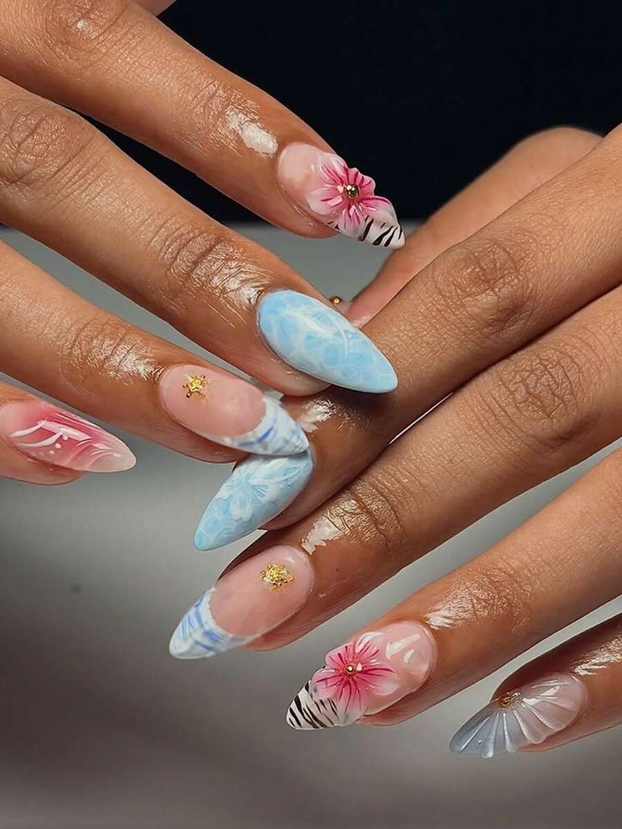 24片中长杏仁形3D立体花卉装饰蓝色扎染海星点缀夏季海滩度假美甲套装，包含1瓶甲油胶和1把指甲锉，适合女性和女孩日常佩戴、派对、假日等场合。 - 彩色 - 查看 1