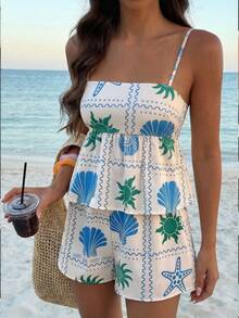 Doriss 两件套荷叶边吊带印花吊带背心套装，女士沙滩装，夏季服装，情人节，休闲上衣，女士度假装，夏季假期 - 彩色 - 查看 1