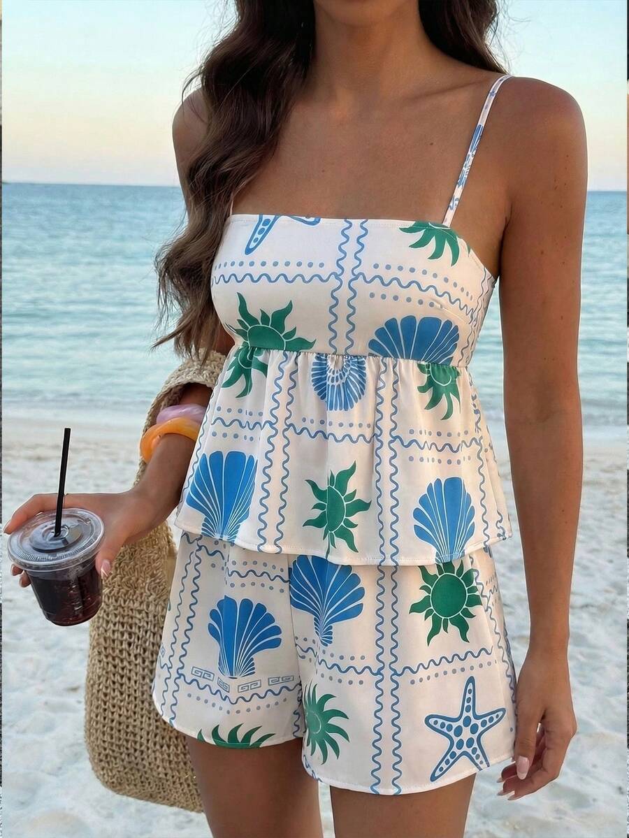 Doriss 两件套荷叶边吊带印花吊带背心套装，女士沙滩装，夏季服装，情人节，休闲上衣，女士度假装，夏季假期 - 彩色 - 查看 1