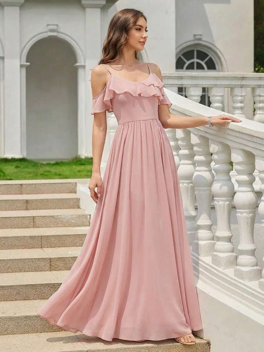EVERPRETTY Đầm phù dâu màu hồng nhạt, thanh lịch, tối giản, cổ chữ V, vạt bèo bất đối xứng, thích hợp cho khách dự đám cưới mùa xuân/hè, đi nghỉ mát, dự tiệc cocktail. - Màu Hồng baby - Xem 1