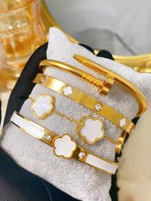 4件/1件 奢华不锈钢水钻四叶草和星星手镯套装,复古优雅女士珠宝套装,适合日常佩戴、送礼、派对、时尚圣诞礼物 - 金黃色 - 查看 6