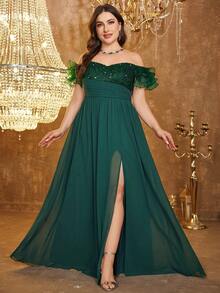 SUPGIR V-Neck Strapless Dress With Ruffle Sleeves, Waist Pleats, Luxury Beaded Patchwork Flared Skirt, Party Occasion Dress - Dark Green - View 1