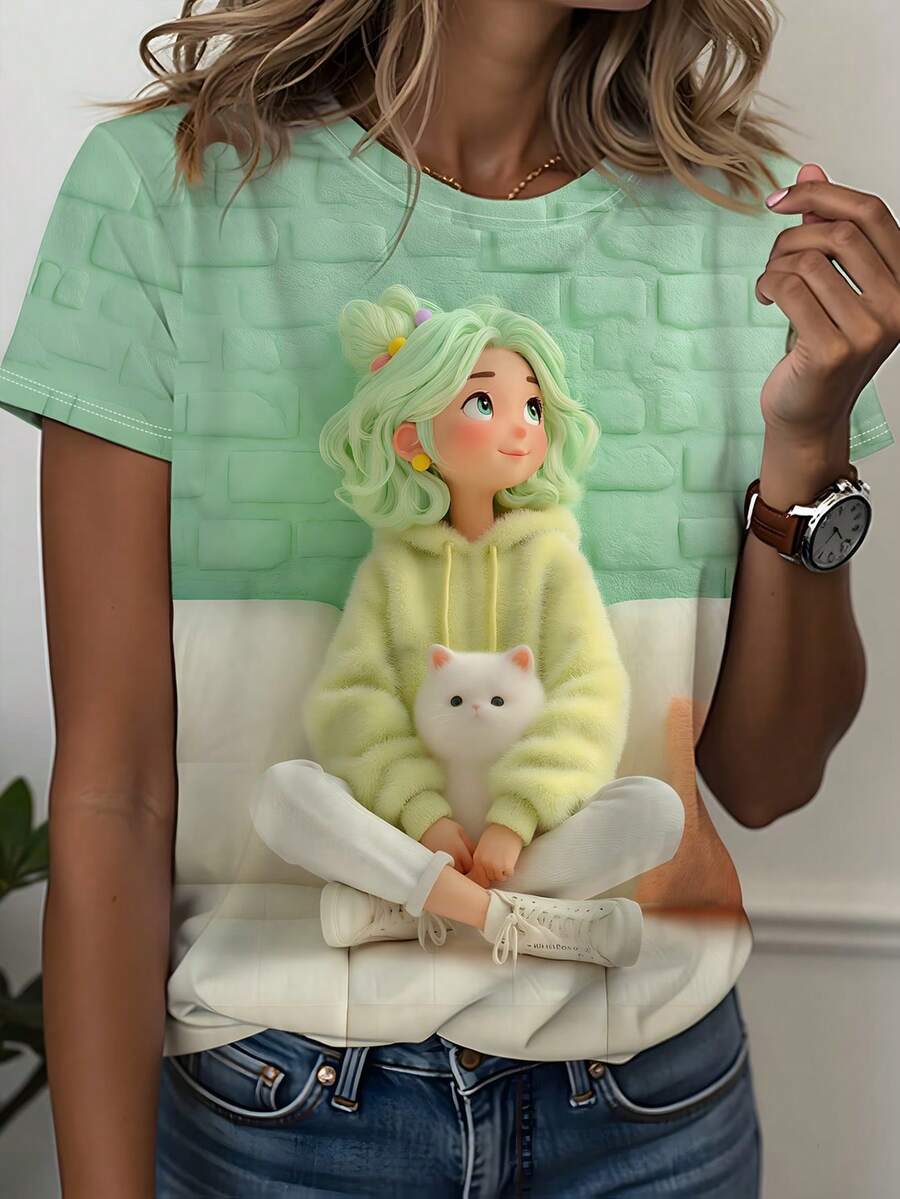 女士夏季休闲圆领短袖简约T恤 - 彩色 - 查看 1