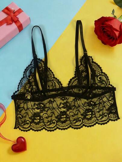 Women's Black Sexy Floral Lace Semi-Sheer Bow Decor Bra