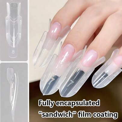 240pcs New Anti-Shedding Full Cover Square & Oval Crystal Nail Tips, Suitable For Nail Technicians And Nail Art Enthusiasts. Side Fixing Strip Design To Prevent Falling Off. Simple Operation, Can Quickly Create Almond-Shaped Nails Of Different Lengths