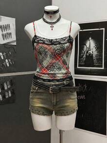 女士 Y2K Grunge 格纹佩斯利印花蕾丝边二合一吊带背心 - 双层细肩带露脐背心，朋克另类街头风度假外出上衣，夏季女装，情人节穿搭，派对穿搭，音乐节穿搭，浪漫约会穿搭，假日穿搭，春夏日常穿搭，嘉年华休闲穿搭 - 彩色 - 查看 5