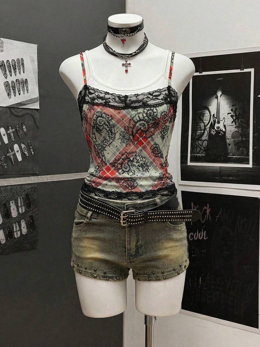 女士 Y2K Grunge 格纹佩斯利印花蕾丝边二合一吊带背心 - 双层细肩带露脐背心，朋克另类街头风度假外出上衣，夏季女装，情人节穿搭，派对穿搭，音乐节穿搭，浪漫约会穿搭，假日穿搭，春夏日常穿搭，嘉年华休闲穿搭 - 彩色 - 查看 1