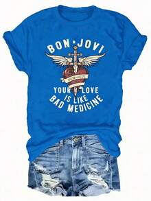BON JOVI Band Printed Spring/Summer Casual Short-Sleeved Crew Neck T-Shirt, Casual Women's Wear  Fashion Simple T-Shirt For Women - 藍色 - 查看 13