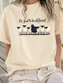 Camiseta de manga corta con cuello redondo con gráfico de oveja "Es genial ser diferente". Camiseta de mujer de estilo minimalista y lindo patrón, casual y versátil, adecuada para el uso diario y de vacaciones. Verano - Albaricoque - Ver 3
