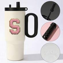 1个冰霸杯，大容量不锈钢恒温水瓶，便携式，26个字母A-Z图案，带吸管手柄 - 白色 - 查看 19