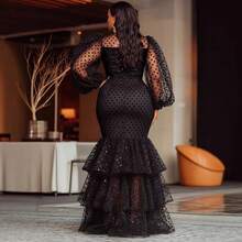 Temperament Fashion Bubble Flocking Polka Dot Sexy Large Size Dress - 黑色 - 查看 4