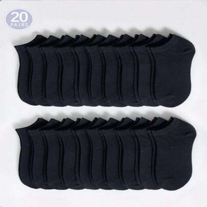 20双装女士黑色、白色、灰色短袜，时尚简约短袜