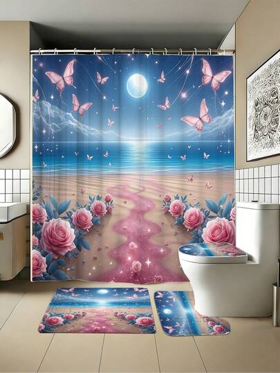 1/3/4PCS Spring/Summer Moonlit Rose Beach Shower Curtain Set; Refreshing, Warm Sunshine, Comfortable, Home Decor, Bathroom Shower Curtain, Bathroom Set, Includes Shower Curtain And Floor Mat Combination. The Complete Ensemble Features A Shower Curtain, A U-Shaped Contour Mat, A Non-Slip Floor Mat, And A Toilet Lid Cover, Along With 12 Complimentary Shower Curtain Hooks. It Makes An Ideal Choice For Housewarming Gifts, Birthday Presents, Holiday Treats, Or A Thoughtful Gift For Couples.