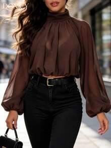 DONICY Blusa curta feminina castanha transparente com gola alta e mangas lanterna, top elegante para primavera e outono, escritório e casual - Castanho Café - Ver 4