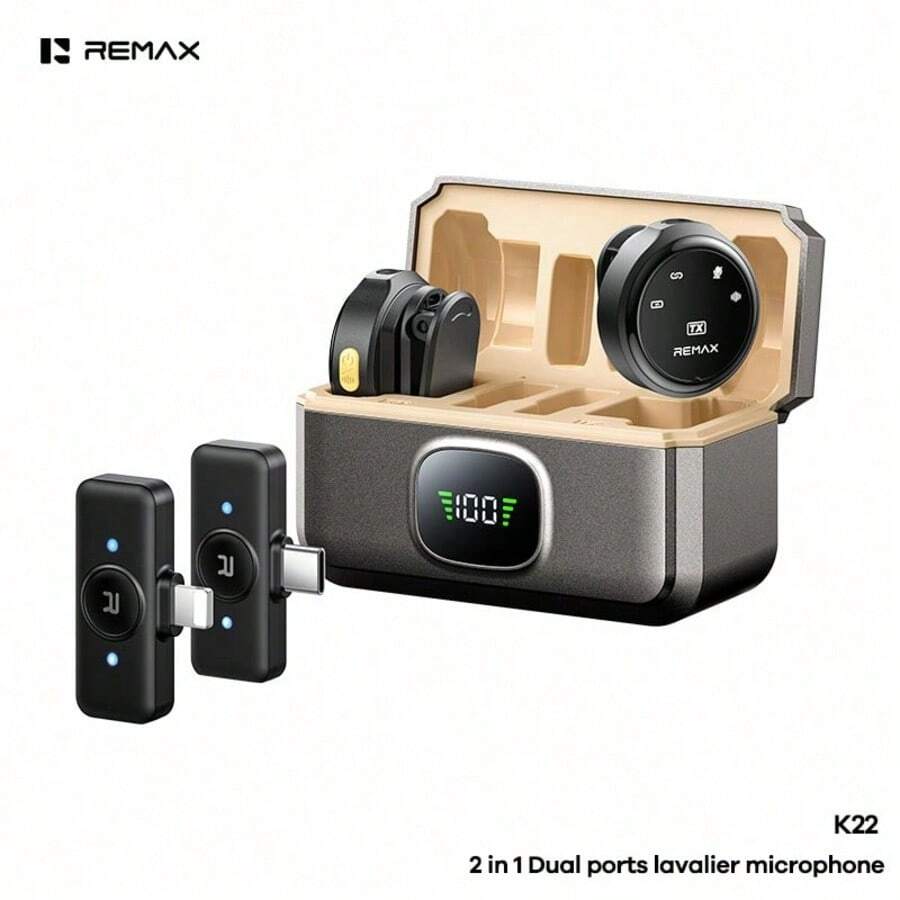 REMAX K22 Magnetic Wireless Microphone, Dual Interface Design, Noise Cancellation, One-To-Two Connection, Suitable For Live Streaming, Shooting, And Also A Great Ramadan Gift