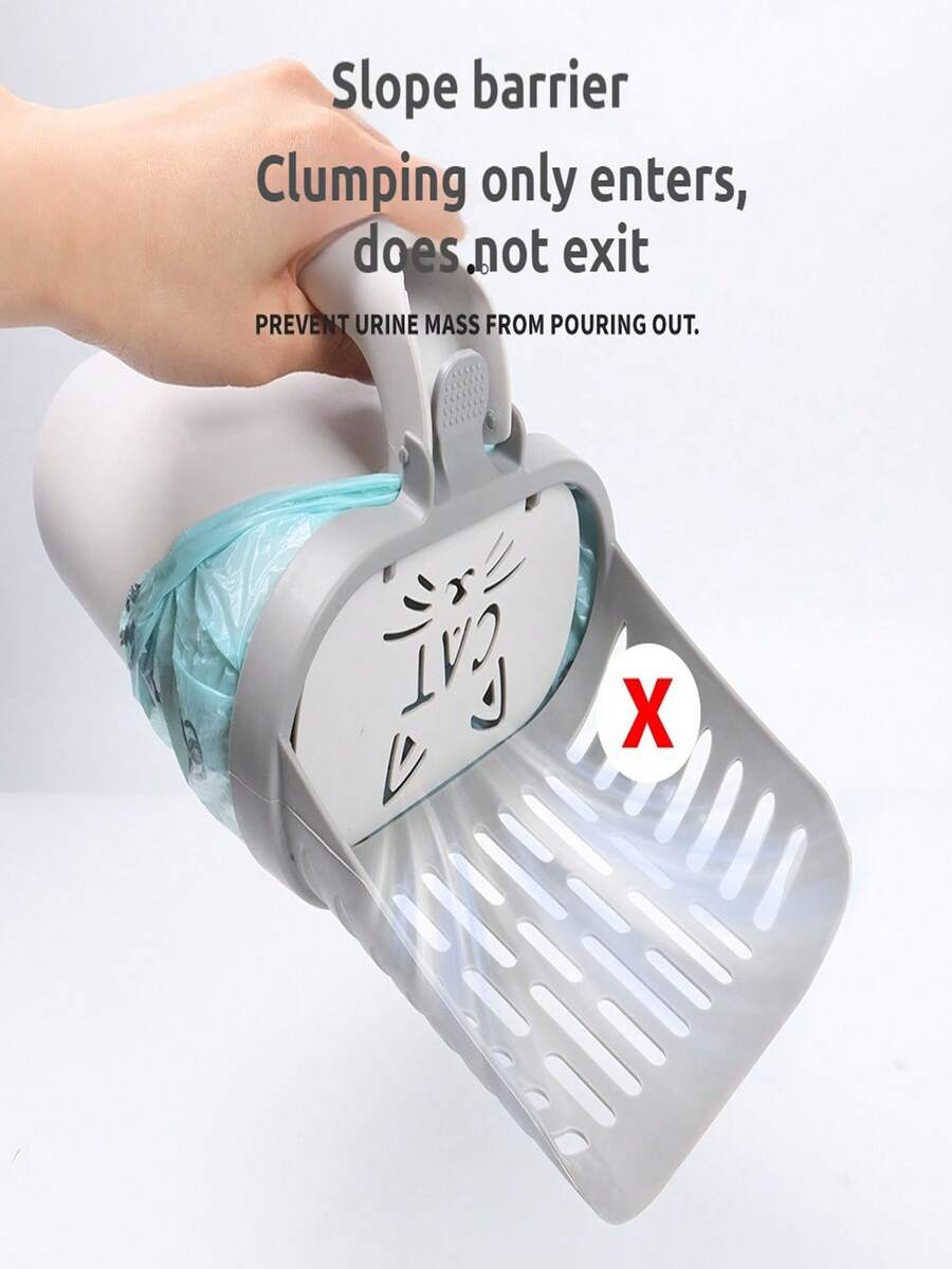 4 Rolls Garbage Bags, 2pcs Set (Combo: 1pc Litter Scoop + 1 Roll Garbage Bags), Litter Scoop With Garbage Bag Holder, Plastic Litter Box Cleaning Tool, Suitable For All Cat Breeds, Pet Supplies