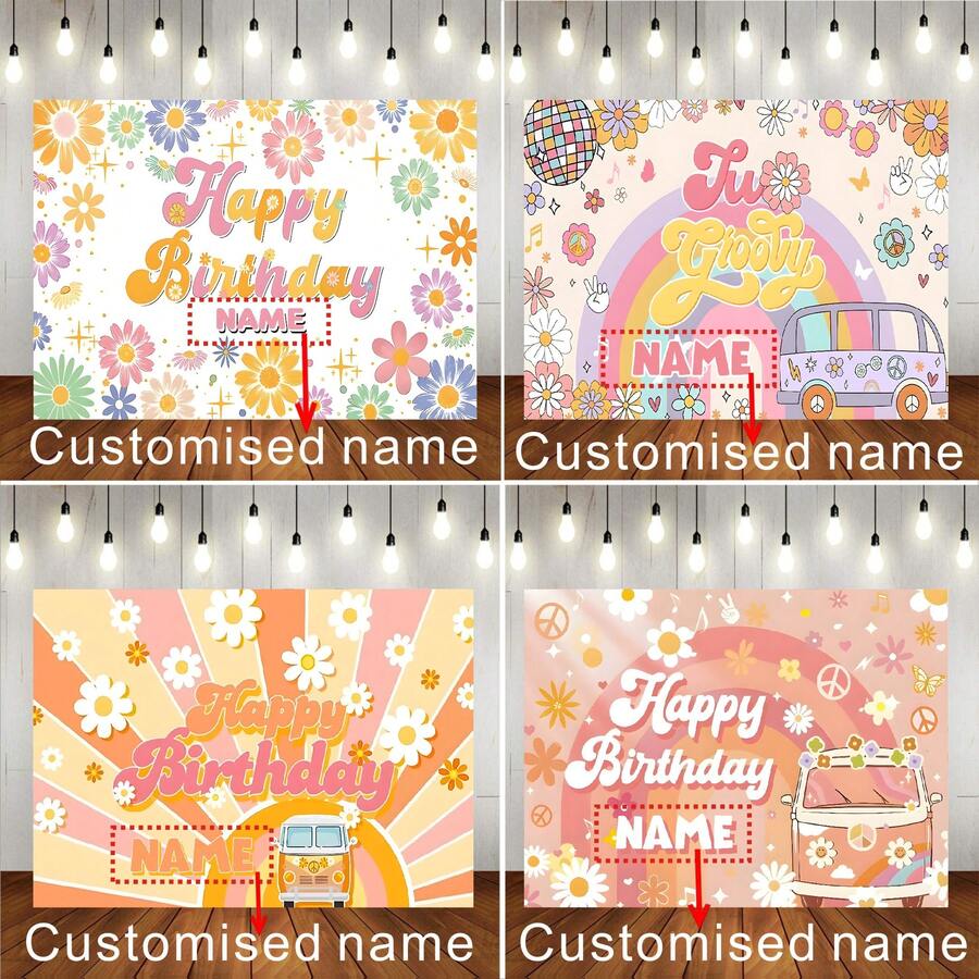 1 peça de painel fotográfico personalizável com tema hippie e ônibus para aniversário, com decoração vibrante de margaridas e arco-íris. Ideal para decoração de mesa de bolo em festas de aniversário, chá de bebê e outras comemorações. Banner em vinil. - Laranja - Ver 1