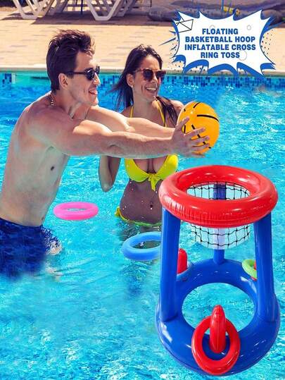 5pcs Portable Inflatable Basketball Hoop Set For Swimming Pool Party, Includes Inflatable Basketball, Suitable For Adult Family Entertainment, Outdoor Leisure, Summer Party, Beach, Lake, Water Sports, Beach Essential, Beach Accessories