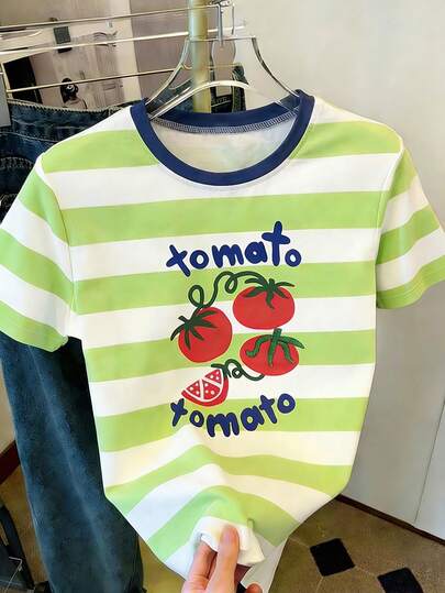 Colorblock Tomato Print Striped T-Shirt, Summer Outfits For Women, Vacation Outfits, Beach Outfits For Women, Going Out Outfits Casual