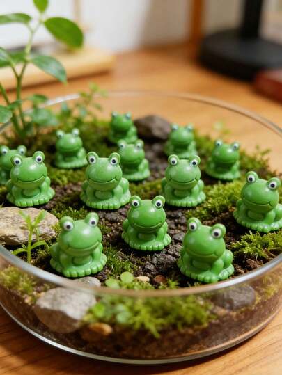 10pcs Mini Resin Frog Sculptures, Green Resin Small Frog Figurines With Big Smiling Eyes, Suitable For Fairy Garden, Moss Micro Landscape Decor, DIY Fairy Garden, Glass Container, Potted Plant Decor, Miniature Landscape Crafts, Gardening Decor, Car Interior Decor, Party