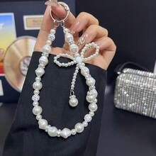 轻盈珍珠新款INS珍珠串珠蝴蝶结挂绳手机/钥匙链相机/包包挂饰春季礼物 - 白色 - 查看 5