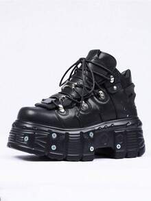 Women's Platform Biker Boots Lace Up Motorcycle Ankle Boots Black Metal Combat Y2K Goth Punk Booties Fashion Shoes Outdoor Footwear Rock Boots - 黑色 - 查看 2