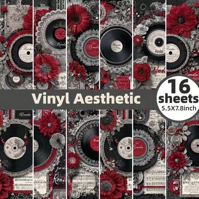 16 hojas de papel decorativo de estilo retro para scrapbooking, collage y manualidades, paquete de material para diario, embalaje de regalo y creación de diarios a mano, papel para tarjetas DIY, papel de scrapbooking con tema de discos de vinilo retro y otros materiales multiusos específicos para estudiantes, tamaño 7.87x5.51 pulgadas