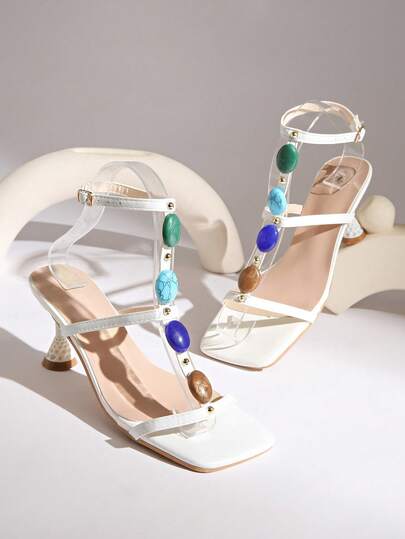 新款时尚高跟凉鞋，罗马风格，搭扣设计，波西米亚串珠装饰，适合夏季派对、婚礼、宴会、日常穿着、音乐节、海滩、办公室等场合，白色女士高跟凉鞋