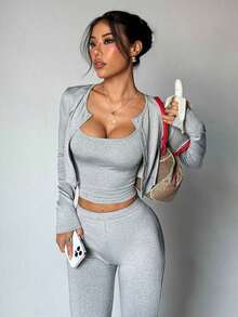 3pcs Minimalist Solid Color Fitted Cropped Cardigan, Camisole, And Flare Pants Set - Màu Xám nhạt - Xem 5
