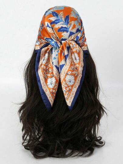 1pc Women's Bandana With Floral, Plant Collage Print, Stylish Headscarf/Neckerchief