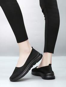 女士透气平底圆头套脚乐福鞋，系带轻便舒适软底低帮休闲运动鞋，春夏款 - 黑色 - 查看 8