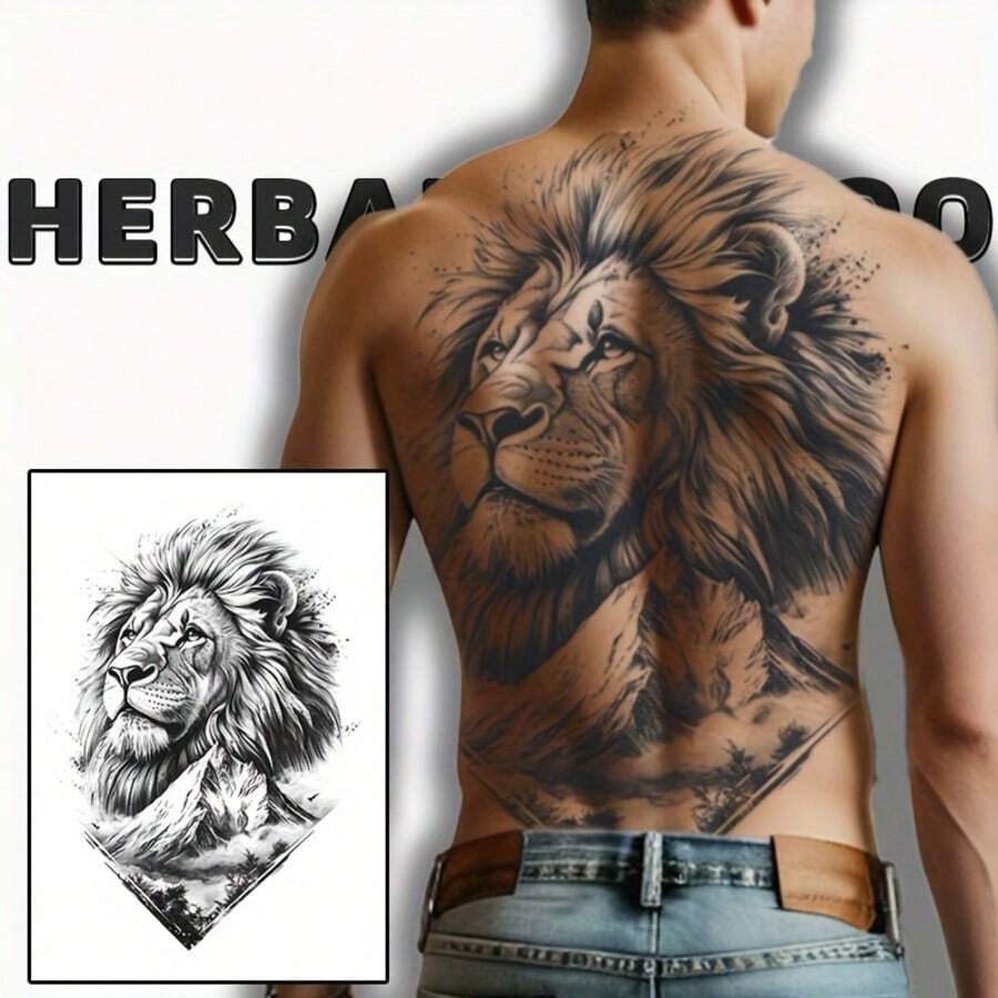 獅子防水臨時紋身貼紙套組，大尺寸，長效防水 1-2 週，草本紋身貼紙，半永久紋身貼紙，身體裝飾假紋身，一次性紋身貼，黑色身體紋身，適用於背部和胸部