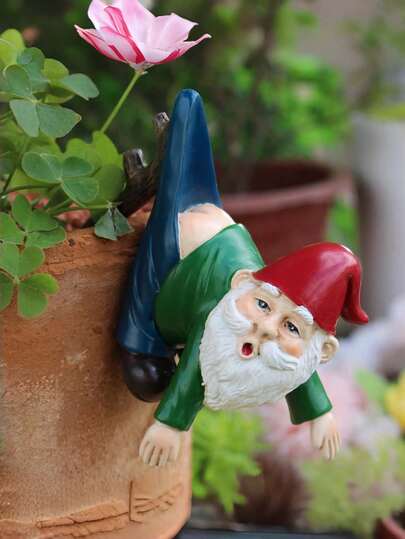 Funny Garden Gnome Statue Planter Hugger, Resin Sculpture Of Gnome With Pants Hanging On Tree Branch, Outdoor Decor For Yard, Lawn, Fence, Planter