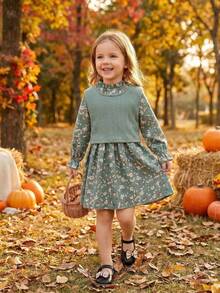 2pcs/Set Girls' Ditsy Floral Dress Set, Including Knit Vest And A-Line Dress, Suitable For Spring And Autumn Wear - Green - View 3
