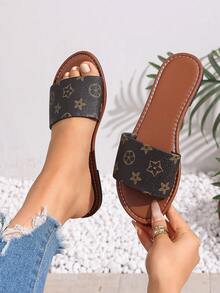 Women's H-Shaped Slippers, Casual Roman Style, Comfortable Low Heel With Embossed Design, Beach Key French Flat Sandals - Brown - View 1