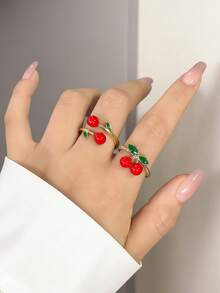 5件套奢华时尚精致草莓樱桃甜美可爱优雅铜质微镶开口戒指套装，适合度假、派对、节日佩戴（不含礼盒） - 金黃色 - 查看 4