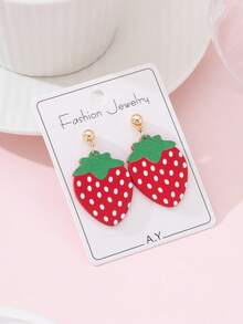 1 Pair Summer Fruit Cute Strawberry Enamel Faux Soft Pottery Design Fashion Jewelry Earrings, Suitable For Beach Vacation, Party, Perfect Gift - Red - View 2