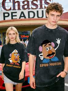 Disney Officially Licensed Graphic T Shirts 100 Percent Cotton  Shirt, Mr. & Mrs. Potato Head Couple T-Shirt, Unisex, Washed 230g, Retro Vintage, Crew Neck Short Sleeve, Casual Daily Wear - 黑色 - 查看 1