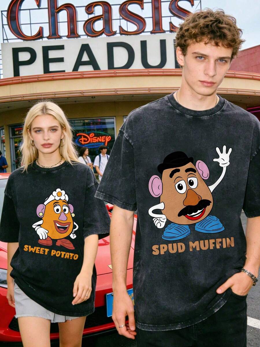 Disney Officially Licensed Graphic T Shirts 100 Percent Cotton  Shirt, Mr. & Mrs. Potato Head Couple T-Shirt, Unisex, Washed 230g, Retro Vintage, Crew Neck Short Sleeve, Casual Daily Wear - 黑色 - 查看 1