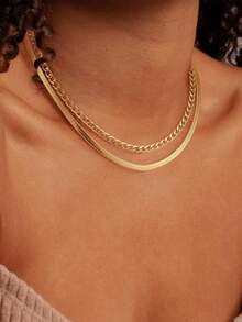 2pcs Stainless Steel Chain Necklace Set, Fashion Minimalist Cuban Link & Blade Chain Layered Necklace, Luxury Niche Versatile Necklace Accessories Suitable For Girls & Women - Gold - View 1