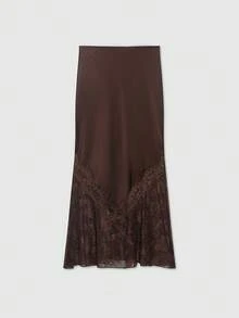 Women's Elegant Contrast Lace Slit Hem Silk-Feel Skirt, Vacation Style - Brown - View 2
