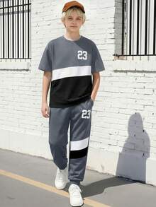 Bộ đồ thể thao ngắn tay và quần jogger cho tuổi teen mùa xuân/hè, phối màu đen trắng xám, in số 23, trang phục thường ngày thoải mái, năng động, phù hợp cho đi học, đi làm và các dịp giao lưu nhẹ nhàng. - Xám - Xem 3