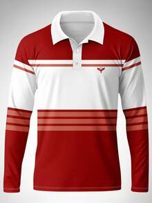 Camisa polo de manga larga con estampado de rayas de contraste y parches para hombre - Rojo - Ver 2