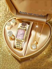 一套女士手表/4件套首饰，优雅方形石英表，搭配不锈钢表带，送给她的完美礼物，休闲风格，最佳礼品套装 - 白色 - 查看 3