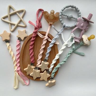 1件新款榉木星形奶嘴链，DIY手工编织绳奶嘴挂绳，创意婴儿磨牙玩具防丢挂带，适合日常使用