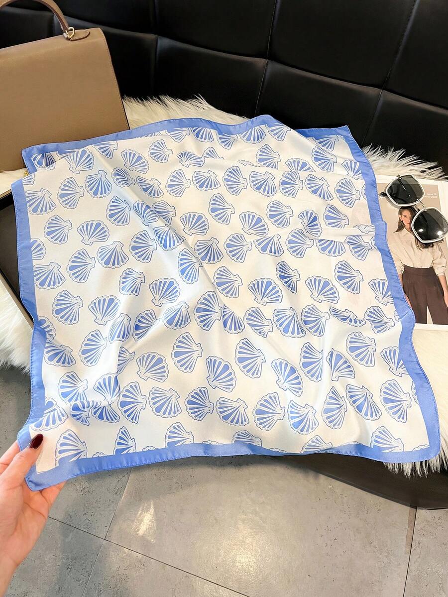 1条仿丝简约设计贝壳图案印花70厘米小方巾，女士时尚百搭腰带系带装饰围巾头巾，适合日常佩戴 - 藍白色 - 查看 1