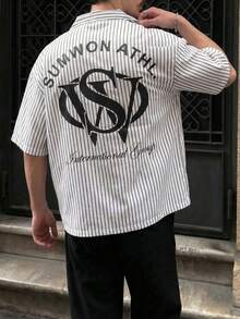 Men's Street Style Striped Shirt, Loose Fit Black & White Fine Stripe Shirt, Retro Letter Graphic Top, Fashionable Streetwear - Multicolor - View 3