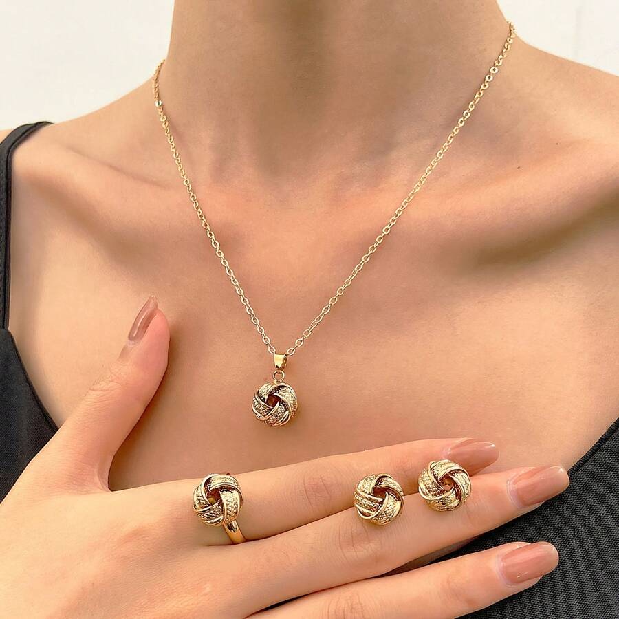 Bộ trang sức cưới sáng tạo 3 món: Nhẫn liên kết 3D, bông tai và dây chuyền - Xem 1