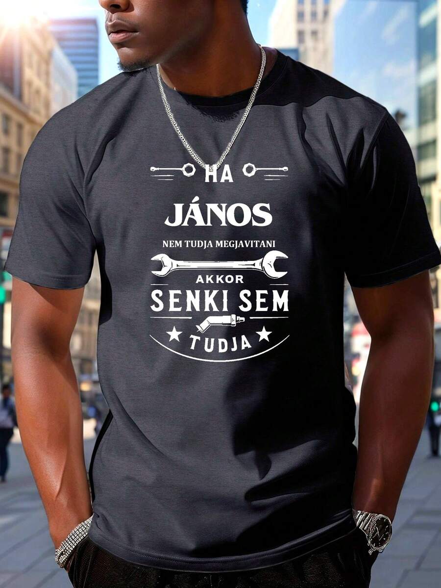 Camiseta estampada con una audaz cita en checo sobre herramientas de reparación, camiseta casual de manga corta para hombre para usar en verano. - Negro - Ver 1