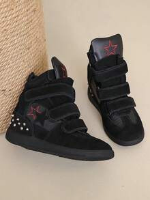 2026 New Women's High-Top Sneakers, Black Round Toe Flat Casual Shoes, Autumn/Winter, Closure Boots With Hidden Heel - Black - View 4